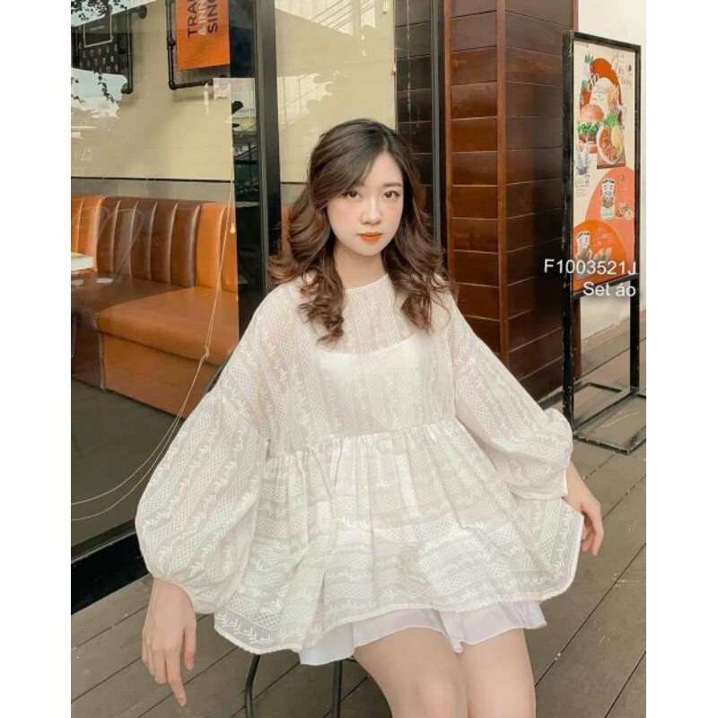 Set áo babydoll ren tay bồng kèm áo lót thun 2 dây!