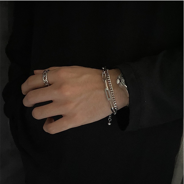 Vòng Tay Nam Dây Xích Kamenra Loki Accesories 2 Lớp Kèm Nhẫn Màu Bạc Đẹp Titan Không Gỉ - Lắc Tay Kamenra