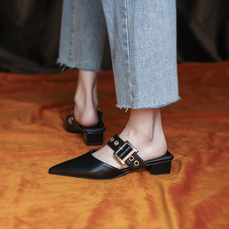 Giày Sục Thời Trang Nữ Quai Khuy Mũi Nhọn Gót Vuông 3cm Trẻ Trung Ziu.Shoess E1205