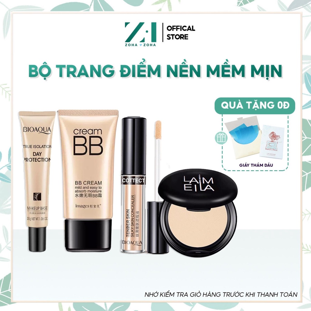 Set trang điểm nền đầy đủ gồm kem nền, kem che khuyết điểm, phấn phủ và kem lót makeup Zohazoha