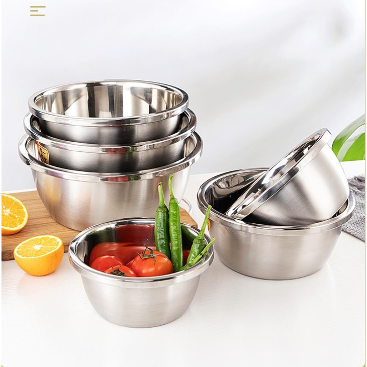 Thau Inox Đáy Sâu Trộn Bột, Trộn Salad, Rửa Rau Củ Cao Cấp Loại Dày, Tiêu Chuẩn 5 sao Có 3 Size Chọn Lựa