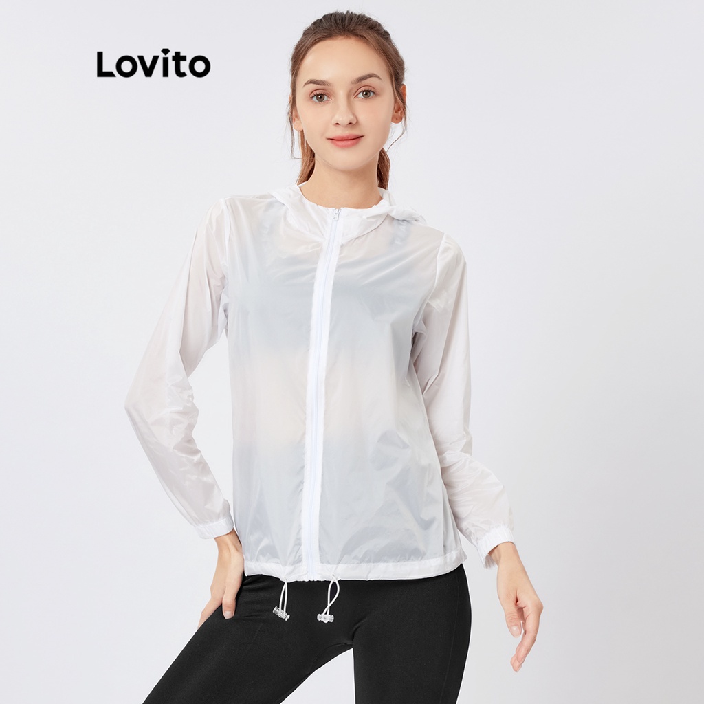 Áo khoác Lovito thể thao thiết kế có nón dây kéo thắt dây trơn màu L26AD069 ( màu xanh dương nhạt/ trắng)