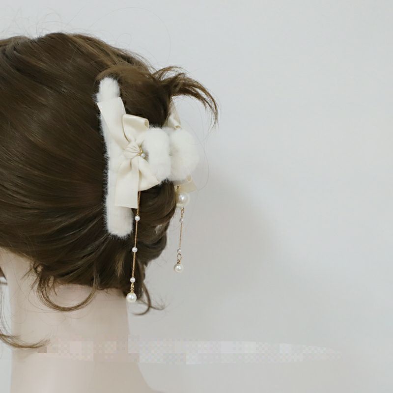 Kẹp Tóc Nơ Đính Ngọc Trai Phối Lông Xù Xinh Xắn 2022