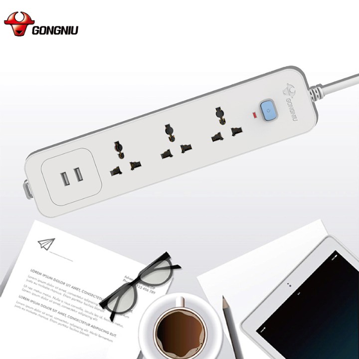 Ổ Cắm Điện Gongniu 3 Ổ Đa Năng + 2 USB 1 công tắc 2500W/10A Dây Dài 1.8M (N103U) - Chính Hãng