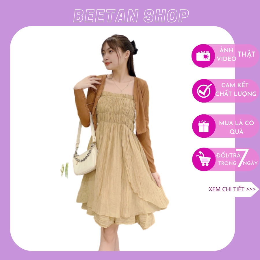 Set váy hai dây màu nâu tây siêu xinh tặng kèm áo khoác cardigan D28