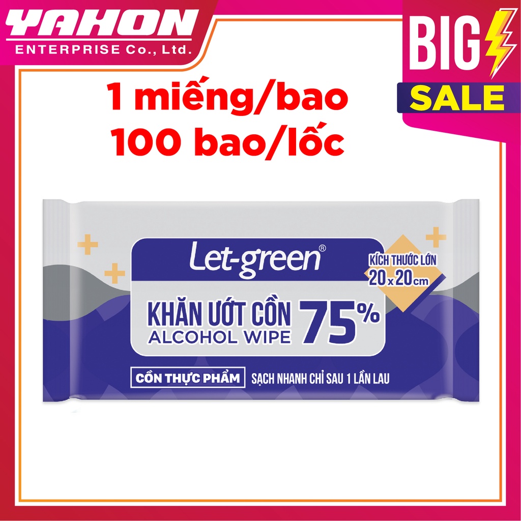 Lốc 100 Khăn Ướt Cồn Let-green Gói Đơn 1 Tờ/Gói