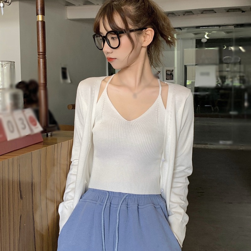 Set Áo Cardigan Dệt Kim Tay Dài + Áo Hai Dây Màu Sắc Đơn Giản Phong Cách Hàn Quốc Cho Nữ