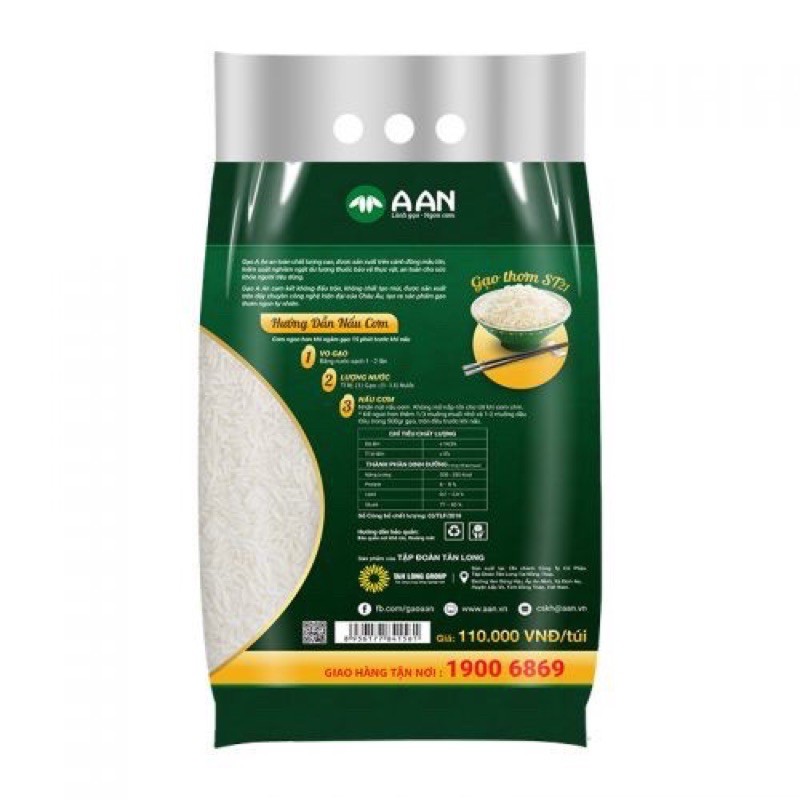 Gạo Thơm ST21 A AN Túi 5Kg - Đặc sản Sóc Trăng - Thơm hoa lài nhẹ, cơm ngọt, rất dẻo, để nguội vẫn mềm