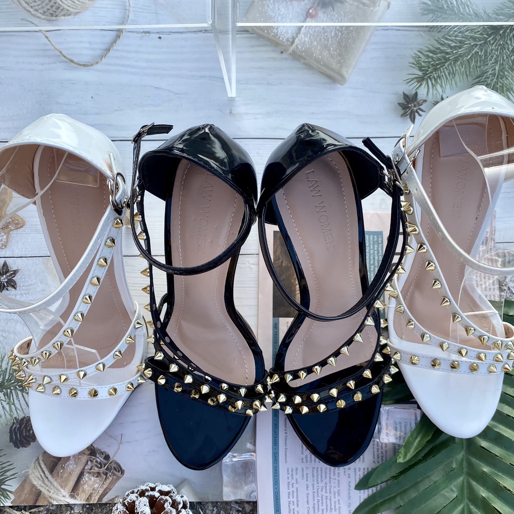 Giày cao gót đế nhọn 12 phân Womenstyle đính đá nhọn sang chảnh, sandal đính đồng 2 màu trắng, đen chuẩn size 35-39 TD24