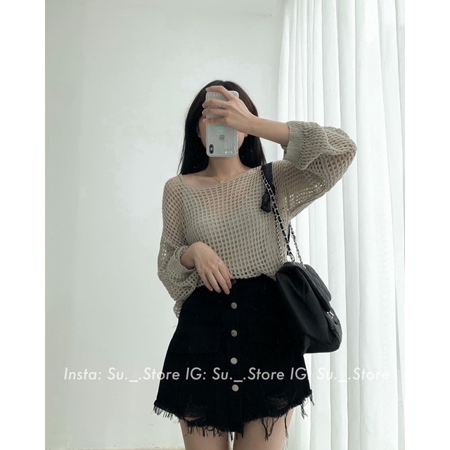 set áo len lưới cổ tròn mix áo dây đồng màu (2398#)