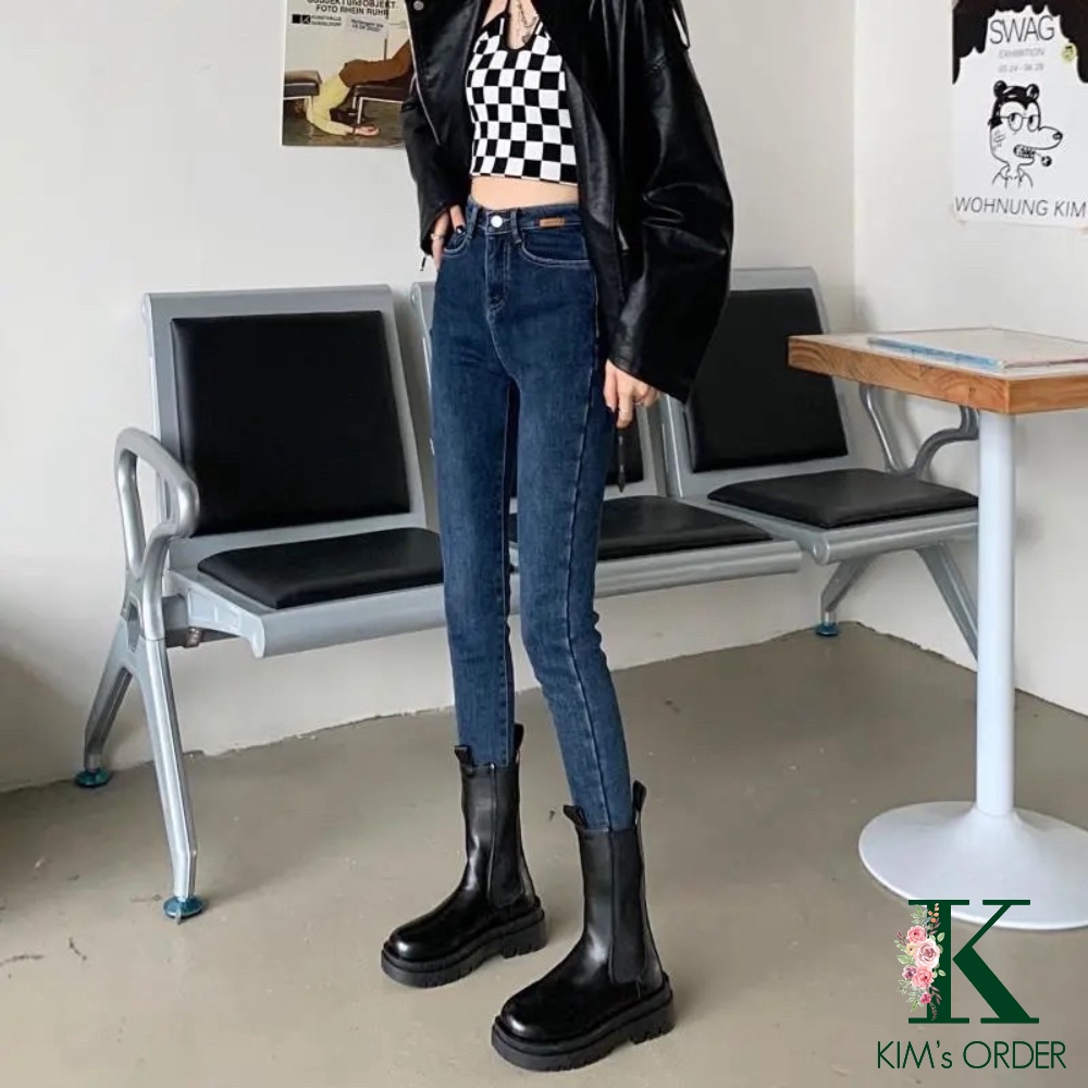 Quần jean nữ màu xanh đen skinny ống côn dài cạp lưng cao tôn dáng chất co dãn loại 1 style Hàn Quốc cá tính sành điệu