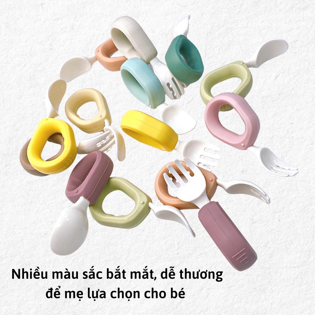 Bộ Thìa Nĩa Cán Tròn Silicone Tập Xúc, Tập Ăn Cao Cấp Thương Hiệu Baby'si Cho Bé Ăn Dặm