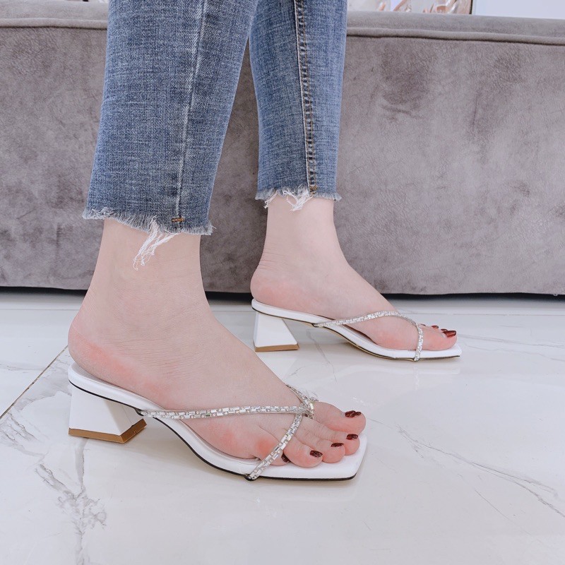 DÉP CAO GÓT LOVIIECORNER - GUỐC NỮ QUAI MẢNH ĐÍNH ĐÁ - DÉP CAO GÓT ĐẾ VUÔNG 5 PHÂN -GUỐC XỎ NGÓN ĐÍNH ĐÁ D201271 D210139
