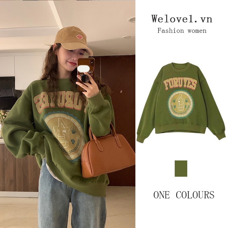 「 WELOVE1 」Áo nỉ dài tay cổ tròn thời trang Hàn Quốc cho nữ