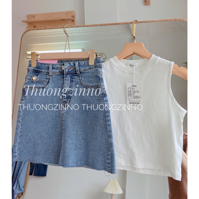 [Ảnh thật/Video]Chân Váy Jean cắt gấu Chữ A Ngắn Chân váy bò Cạp Cao Hàn Quốc