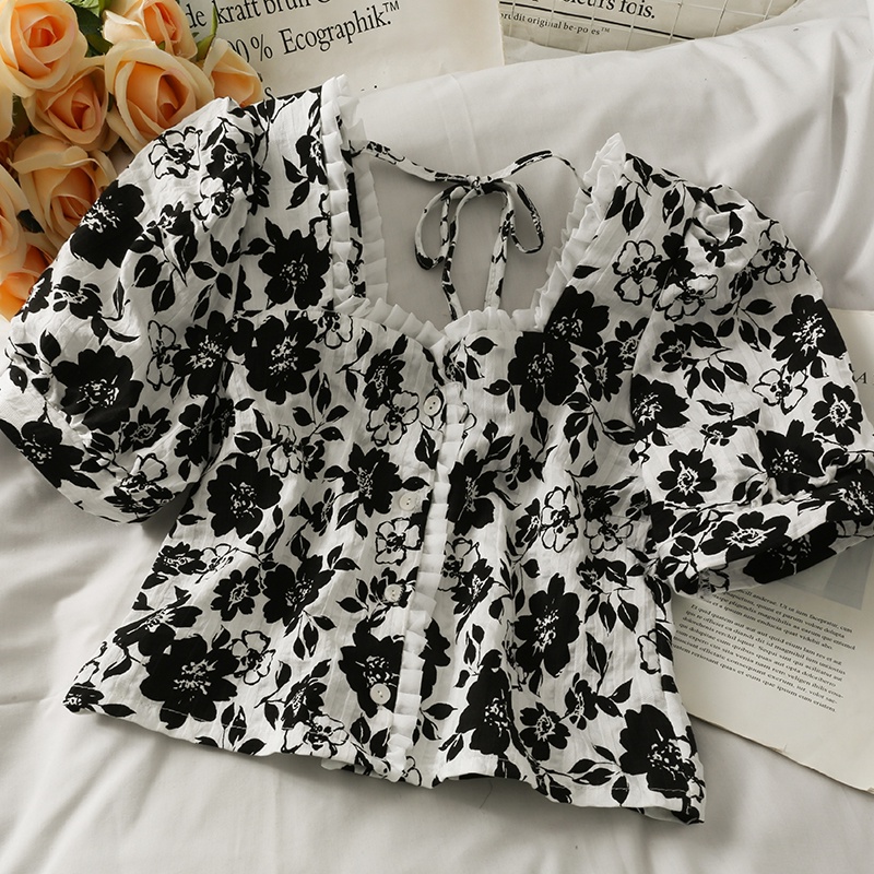 Áo Kiểu Tay Ngắn Cổ Vuông Hoạ Tiết Hoa Thiết Kế Thanh Lịch | BigBuy360 - bigbuy360.vn