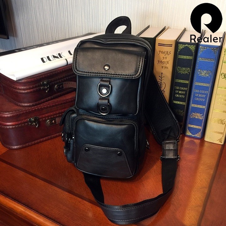 Túi đeo chéo da 5 ngăn cao cấp màu đen - phù hợp cho du lịch, đi học, thể thao hoặc đi làm