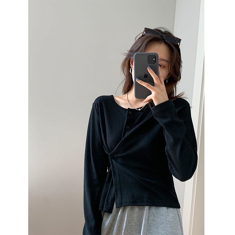 Áo thun tay dài cổ tròn cài nút bên hông phong cách Hàn Quốc thời trang mùa xuân cho nữ