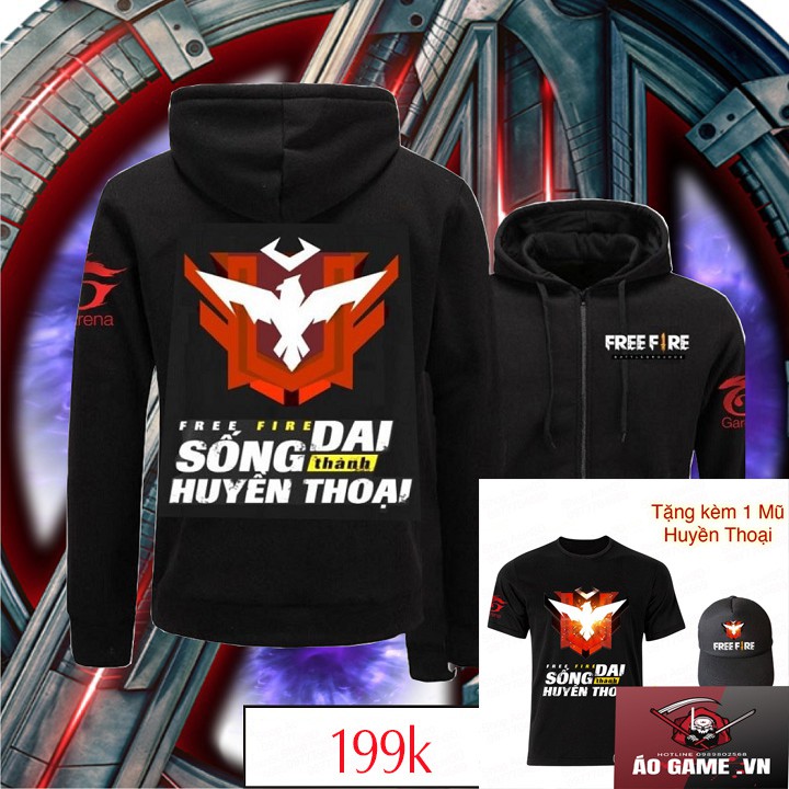 HOT Áo Khoác Free Fire Đại Kiện Tướng Tặng áo thun kèm Mũ FF Phản Quang - Áo Khoác Nỉ Đen