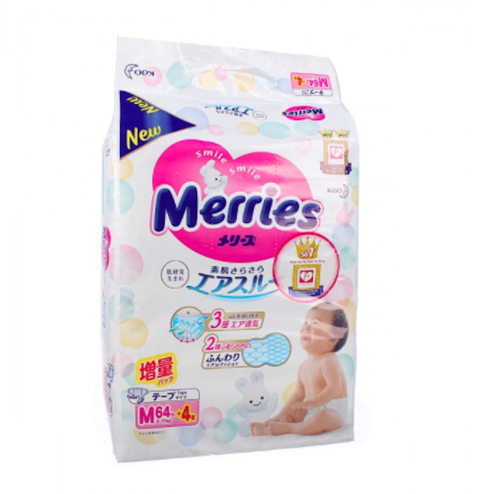 [Cộng miếng] Combo 2 bịch bỉm/Tã dán Merries size M64+4 NỘI ĐỊA NHẬT