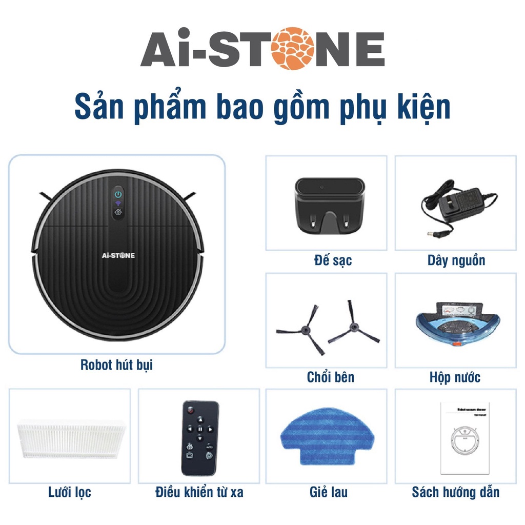 Robot hút bụi lau nhà tự sạc thông minh Ai-STONE V31S, Điều khiển App, 4 chế độ làm sạch Cảm biến chống rơi BH 12 tháng