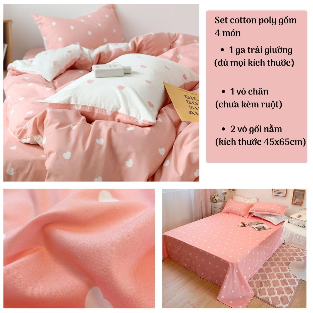 Bộ chăn ga gối 4 món kèm vỏ gối cotton poly trái tim vintage , Bộ ga gối drap giường bo chun - Otama Bedding