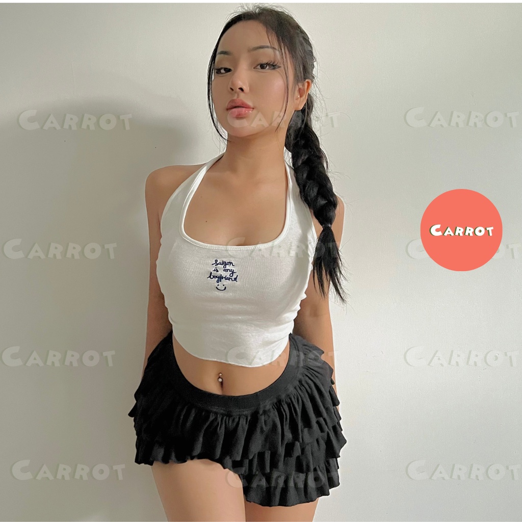Áo croptop thêu cổ yếm thiết kế chân váy tầng ngắn ôm body hở lưng sexy quyến rũ phong cách cá tính Carrotxinhdep