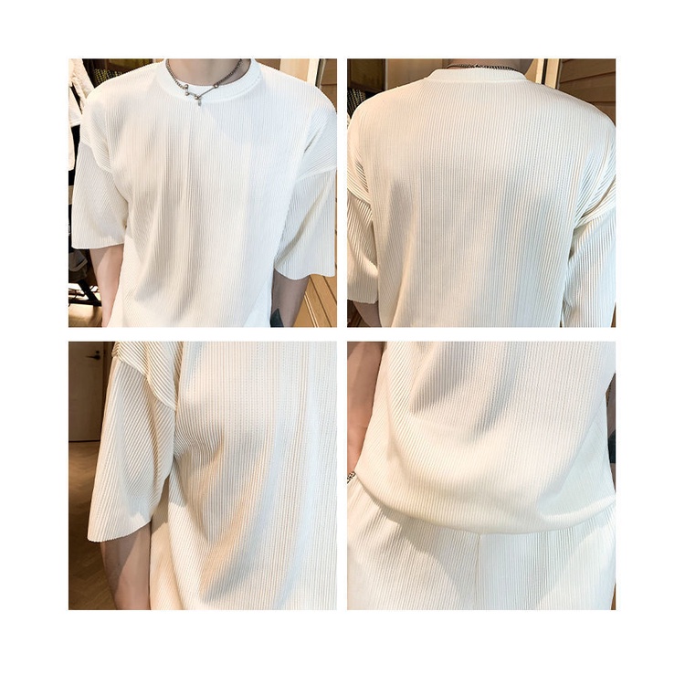 Set đồ thể thao hai món gồm áo tay ngắn và quần lửng xếp ly vải lụa lạnh thoải mái thời trang mùa hè cho nam