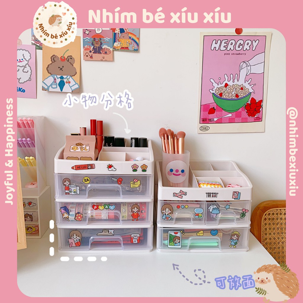 Tủ nhựa tay nắm vuông 1-2-3 tầng đựng mĩ phẩm, nữ trang, điều khiển, washi tape, đồ dùng học tập TẶNG KÈM STICKER VT100