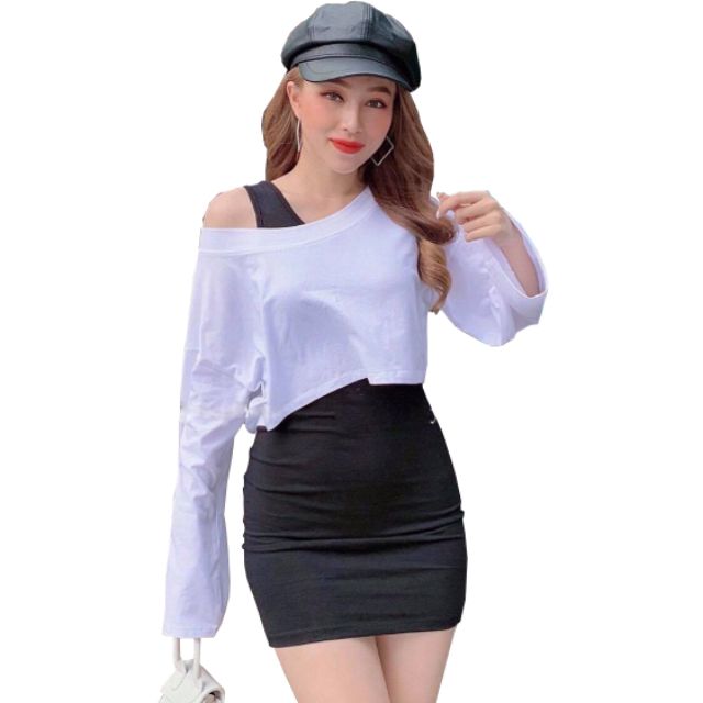 Set đầm body ❄ FREESHIP ❄ 3 lỗ đen + áo lệch vai trắng thời trang XIXO -SET0004