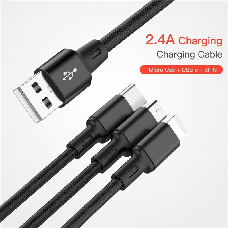 3 in 1 Micro USB Cable For Android USB TypeC Mobile Phone Cables 120CM