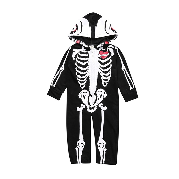 Bộ Áo Liền Quần Dài Tay Có Mũ Hình Bộ Xương Halloween Cho Bé
