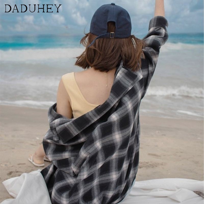 Áo khoác sơ mi DADUHEY tay dài kẻ sọc ca rô kiểu retro Hàn Quốc cá tính cho nam và nữ 3 màu lựa chọn