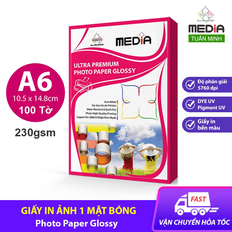 Giấy In Ảnh Media 1 Mặt Bóng A6 210gsm 100 Tờ, Hỗ Trợ Mực In DYE & Pigment, Giấy In Màu Dùng Cho Máy In Phun Màu | BigBuy360 - bigbuy360.vn