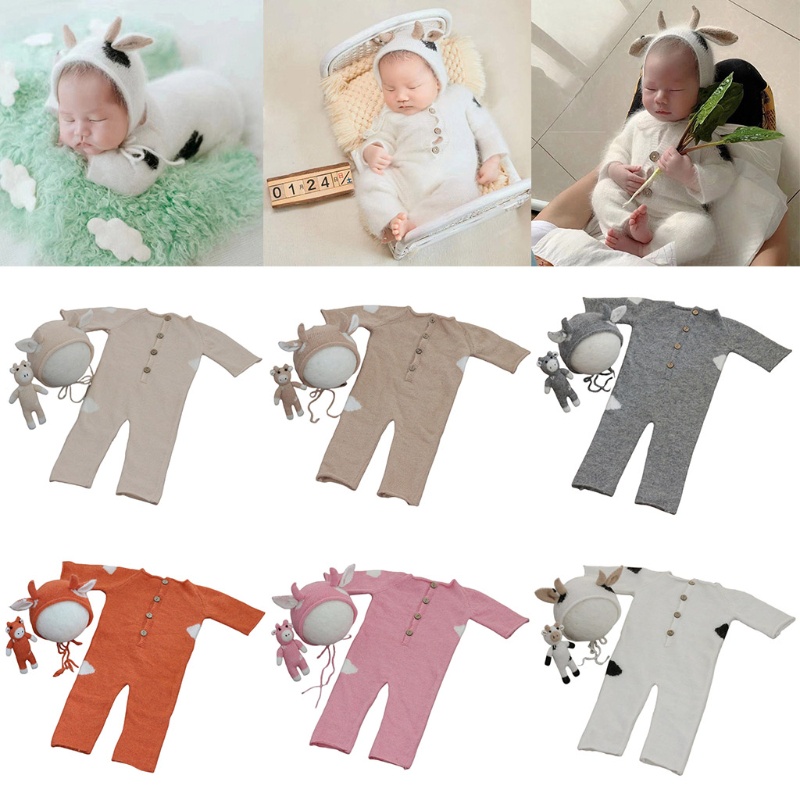 Haha Set 3 Bộ Áo Liền Quần Đan Móc Thủ Công Hình Bò Đội Mũ Bò Sữa Cho Búp Bê Mohair Beani