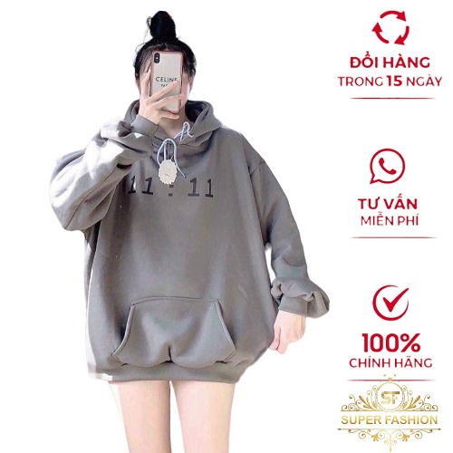 Áo Khoác Nỉ chui Đầu Nữ in Giờ Nón Lướn Trùm Đầu Form Rộng Che Nắng Tốt Thời Trang SUPER FASHION