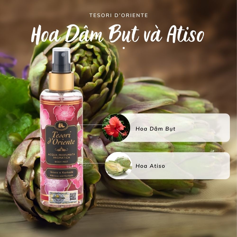 [Mã SGTTC30K giảm 30K] Xịt thơm Bodymist dưỡng ẩm cơ thể Tesori d'Oriente Atiso đỏ và Hoa dâm bụt 200ml