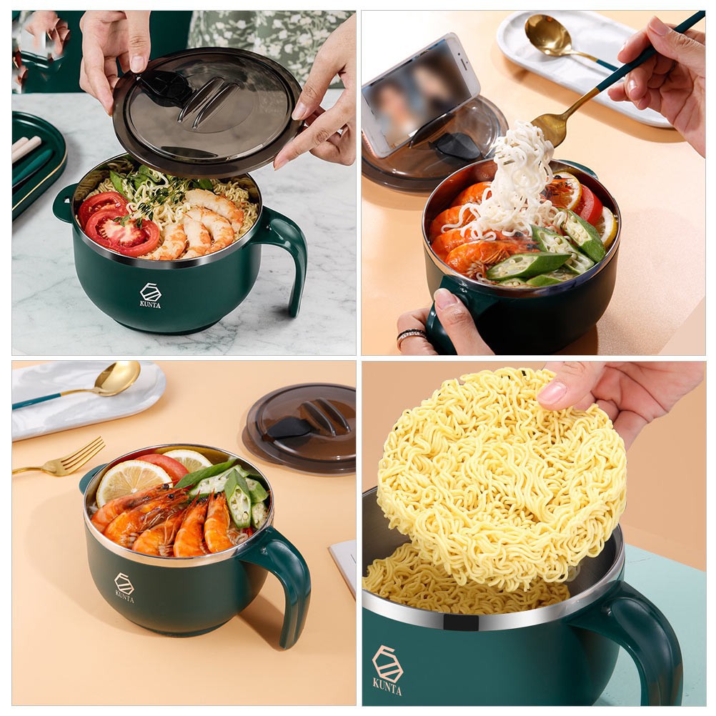 1Pc Stainless Steel  Noodles Bowl Students Rice Bowl Lidded Insulated Bowl Green