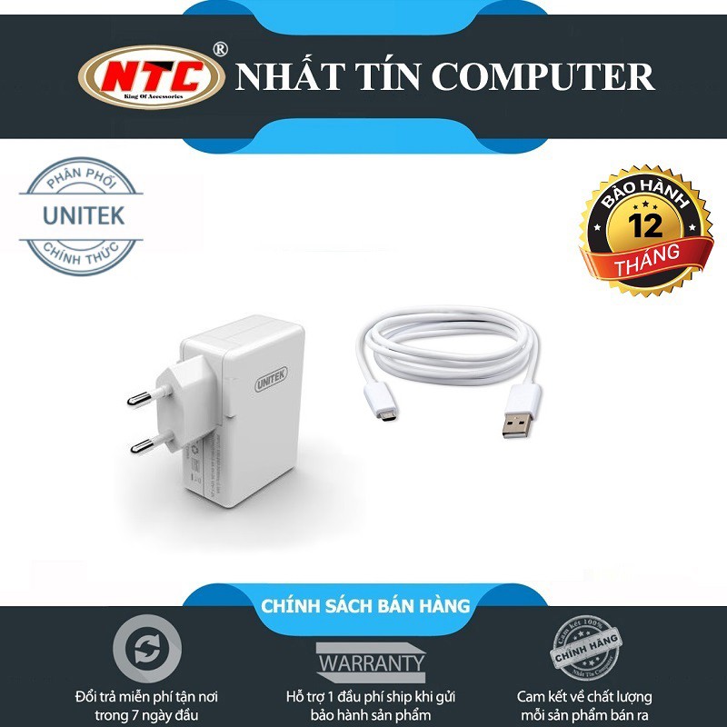 Combo cáp sạc microUSB và cốc 3 cổng Unitek Y-P537A công suất 24W - 1 cổng QC 2.0 (Trắng)