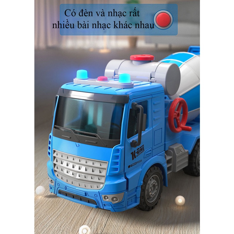 Đồ chơi xe trộn bê tông KAVY có nhạc và đèn, quay được vòng kèm hạt đậu, 2 hình người, thùng rác
