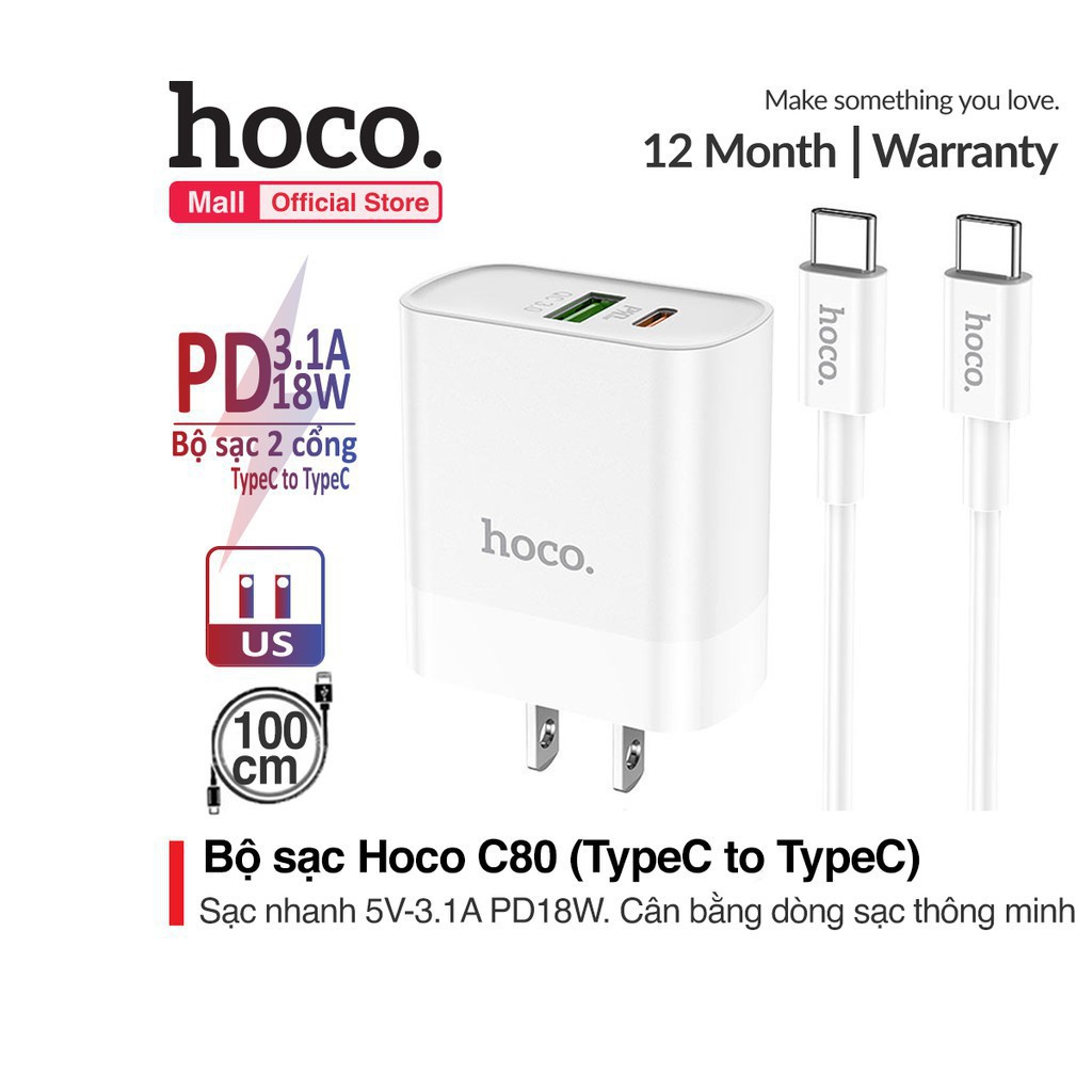 Bộ Sạc Hoco C80 Tích Hợp 2 Sạc Nhanh QC3.0 và PD 18W - Bảo Hành 6 Tháng