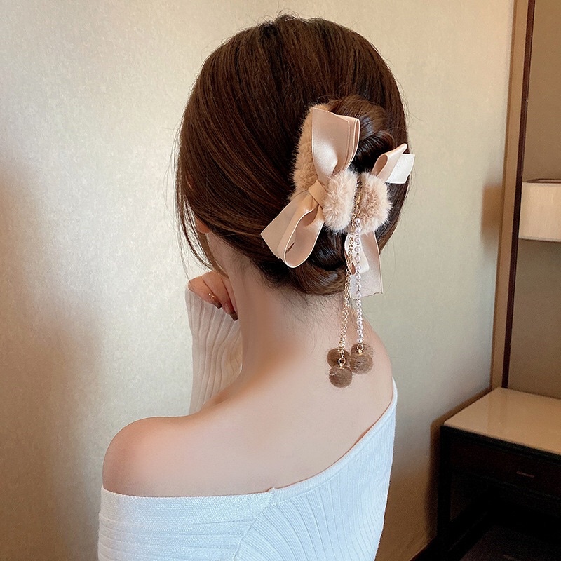 [Sẵn] Kẹp Tóc Càng Cua Hàn Quốc Bông Đính Nơ Phối Dây Ngọc Siêu Đẹp Sang Chảnh Mainia Shop