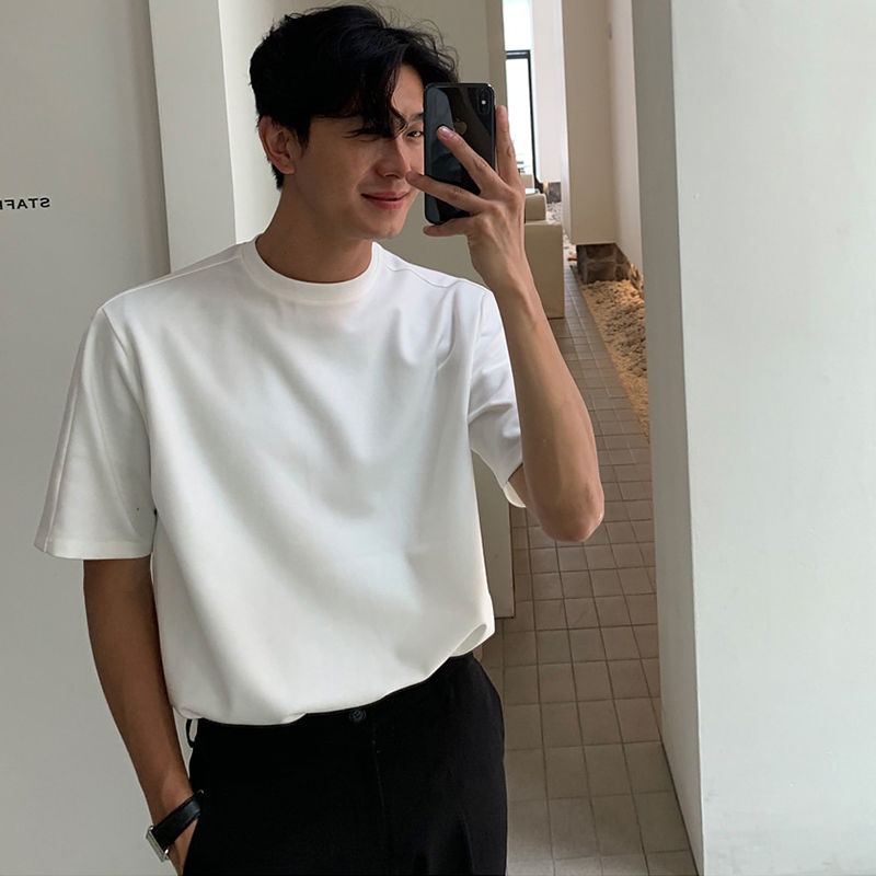 Áo Thun Tay Ngắn Cổ Tròn Màu Trơn Dáng Rộng Thời Trang Mùa Hè Phong Cách Nhật Hàn Cho Nam