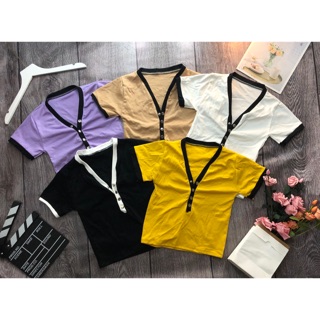 Áo croptop cổ tim gài nút