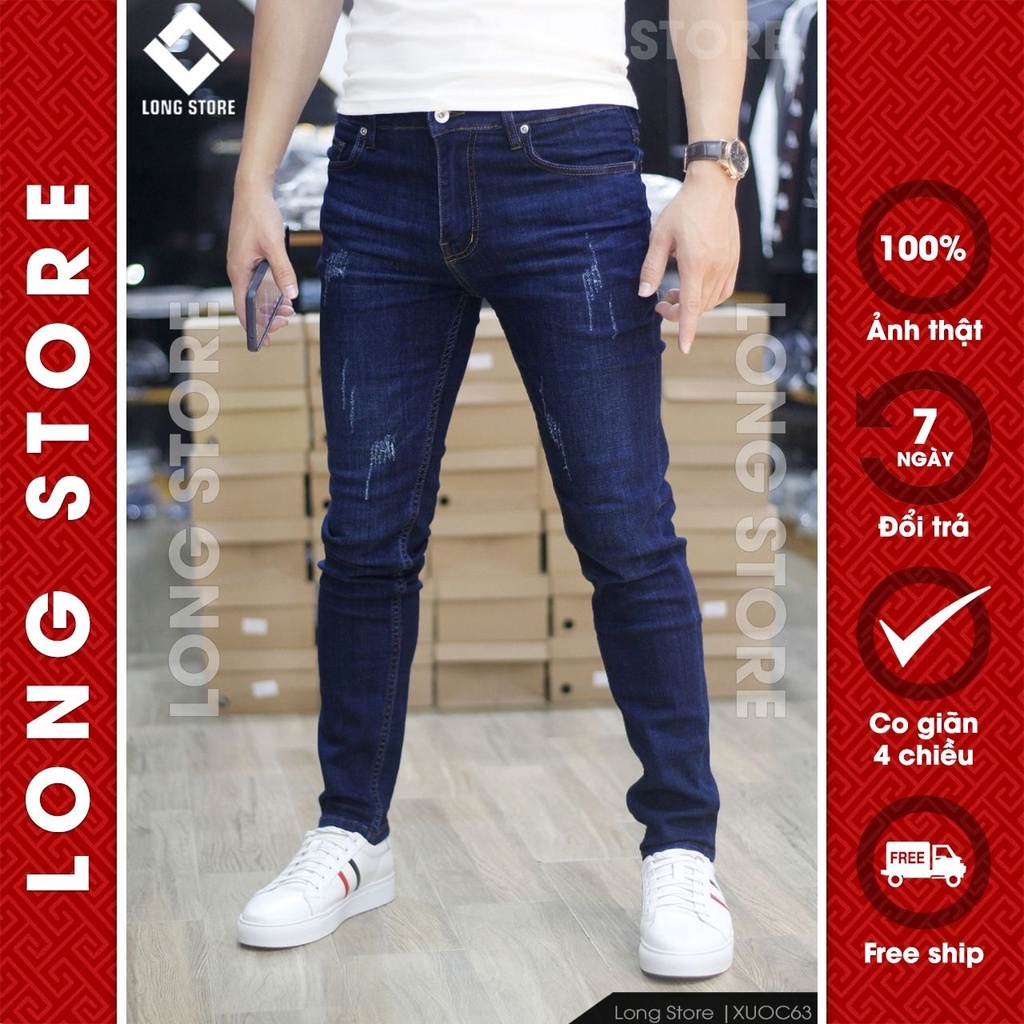 Quần jean nam xước cao cấp ống đứng dáng ôm skinny màu xanh đậm chất bò co giãn LONGSTORE Xuoc63 | BigBuy360 - bigbuy360.vn