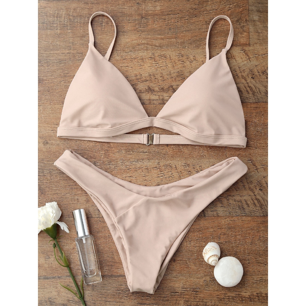 Bộ áo tắm dây mảnh có mút đệm nâng ngực kèm quần bơi kiểu G-string màu trơn quyến rũ cho nữ chất liệu polyester