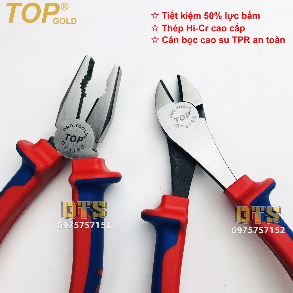 Bộ 2 kìm điện - cắt trợ lực chuyên nghiệp TOP GOLD 160mm, thép Hi-Cr cao cấp, thiết kế cộng lực tiết kiệm 50% lực bấm