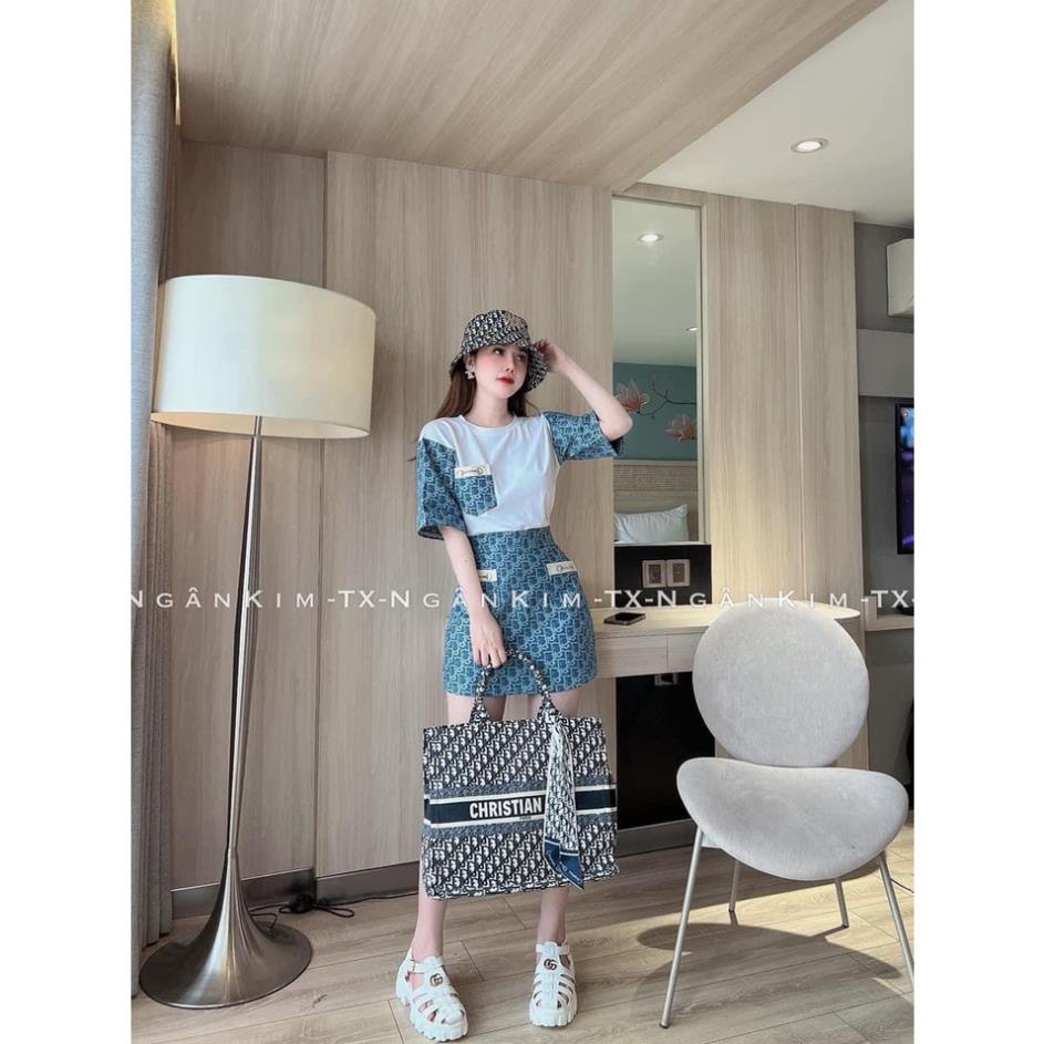 ✔ 𝗙𝗥𝗘𝗘 𝗦𝗛𝗜𝗣 SÉT ÁO CHÂN VÁY XANH HỌA TIẾT CHỮ