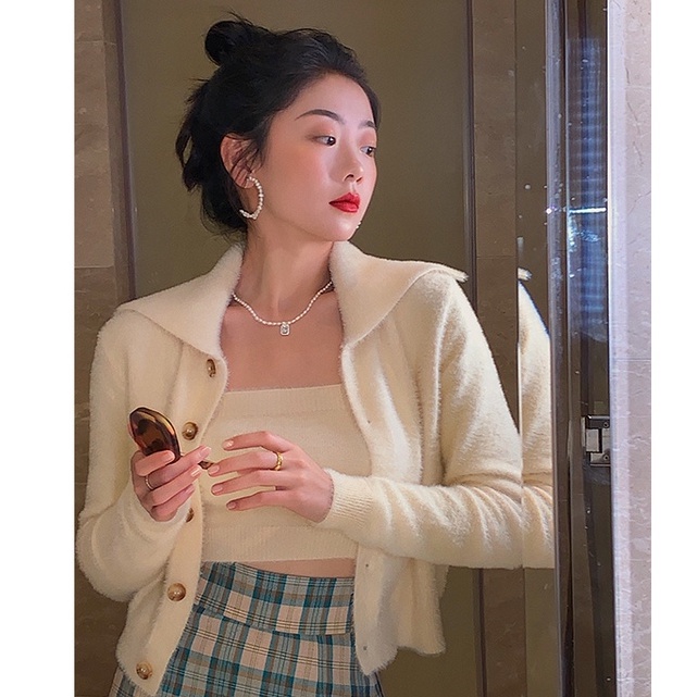 Porozi  Set áo hai dây dệt kim và áo cardigan  giả lông chồn dáng rộng màu xanh dương phong cách Hàn Quốc retro cho nữ