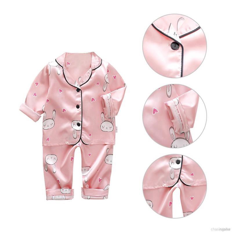 ruiaike  Baby Kids Girls Boys Long Sleeve Cartoon Rabbit Silk Satin Blouse + Pants Pajamas Sleepwear Set